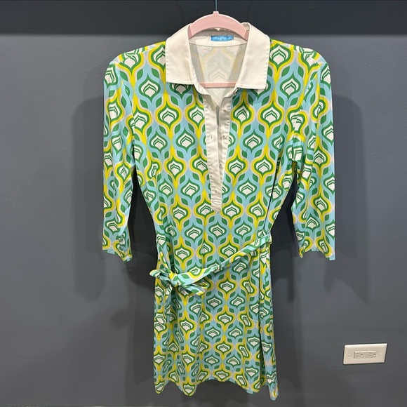 J McLaughlin Size M Retro Print Collared Tie Waist Catalina Cloth Dress - Picture 1 of 8